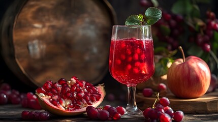 A glass of pomegranate juice with fresh fruit on a wooden table.