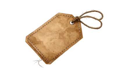 A vintage, textured paper price tag with stitched edges and a knotted string
