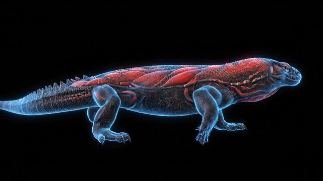Abstract Holographic Galapagos Marine Iguana Walking Cycle Loop with Red Accents on Black Background Showing Scales and Ridges in Side View Animated for Visual Effects and Commercial Use