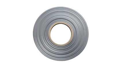 Overhead view of a circular, ridged silver object with a central black hole