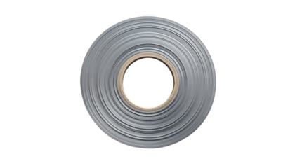 Overhead view of a circular, ridged silver object with a central black hole