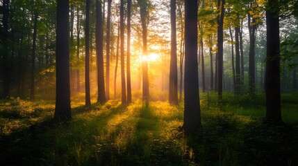 Fototapeta premium A golden sunrise illuminates a misty forest, casting long shadows through the trees and illuminating the woodland floor.