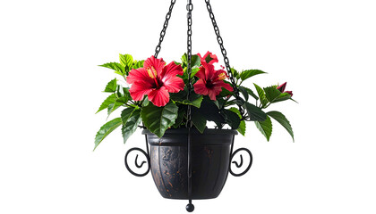 Hanging basket with vibrant red flowers and green foliage, suspended against a black background
