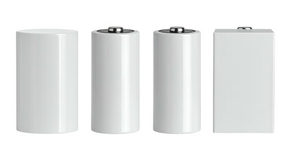 Four white battery forms of various cylindrical and rectangular shapes stand against a black void