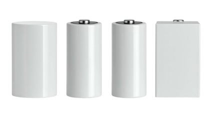 Four white battery forms of various cylindrical and rectangular shapes stand against a black void