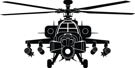 Attack helicopter silhouette, AH-64 Apache, missile, rotor, cockpit, weapon system, cad drawing flat vector illustration, military aircraft icon
