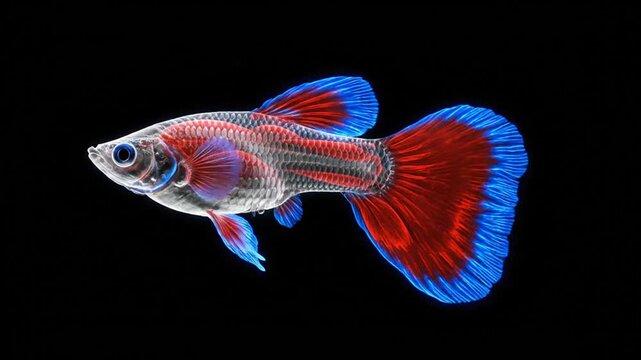 Animated Guppy Fish with Red Fins and Blue Accents Swimming on a Black Background Loop Animation for Aquatic Science, Aquarium Exhibits and Themed Advertising Content with Digital Effect