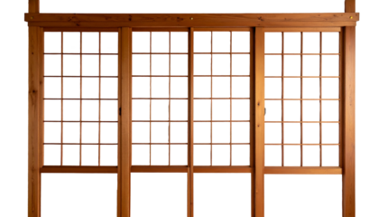 Wooden lattice panels create a grid design, likely part of a room divider or architectural feature