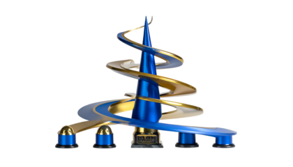 Modern, stylized trophy with a central blue spire and gold ribbons spiraling around it