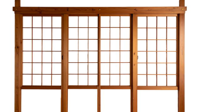 Wooden lattice panels create a grid design, likely part of a room divider or architectural feature
