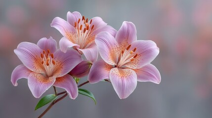 Obraz premium Three Delicate Blooming Pink Lilies with Orange Stamens and Green Leaves on a Soft Blurred Background with Bokeh Effect