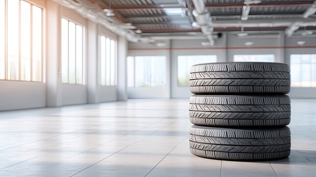 Three Stacked Black Rubber Car Tires in a Bright Modern Garage with Large Windows and Concrete Floor
