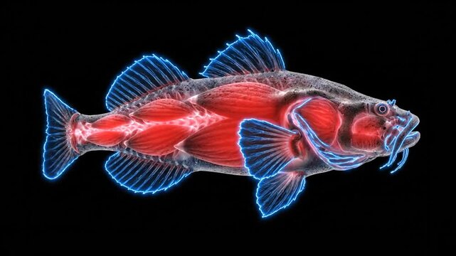 Animated Red Goby Fish with Blue Outlines Swimming Seamlessly on Black Background Looping Visual for Aquatic Animal Themed Presentations and Marine Biology Research Two Barbe