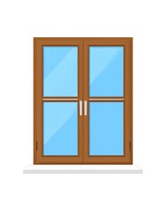 A simple illustration of a double-pane window with a brown wooden frame
