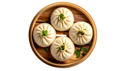 Top-down view of four steamed buns in a wooden steamer, garnished with cilantro