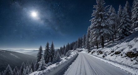 Fototapeta premium Winter Road Under Moonlight - A Snowy Mountain Pass.