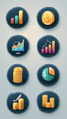 Dynamic set of business and finance icons illustrating growth, investment, and data analysis. Visual elements for financial reporting, economic trends, and statistical insights