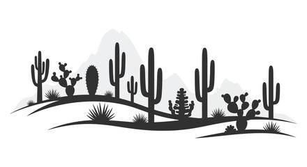 Silhouette of a desert landscape with various cacti and succulents on rolling hills under a hazy sky © AL-AMIN