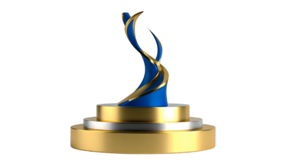 Golden-silver tiered podium with blue and gold flowing shape on top against black