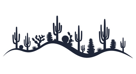 Silhouette of a desert landscape with various cacti and succulents on rolling hills under a hazy sky