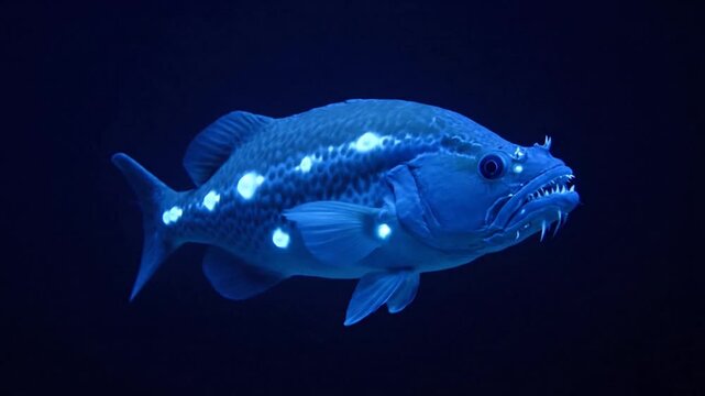 Deep Sea Anglerfish Swimming in Blue Illuminated Ocean Depth Looping Animation with Glowing Spots and Sharp Teeth against Dark Background A mesmerizing spectacle for aquatic exploration