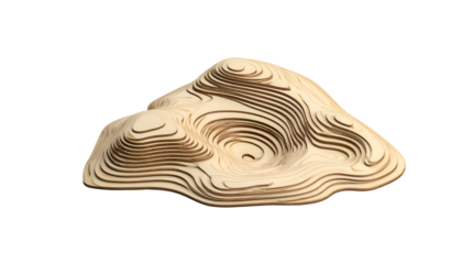 A detailed topographic model resembling a sand dune, cut from wood, isolated on black