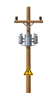 Detailed vector illustration of a wooden electric utility pole with a power line transformer and a high voltage warning sign isolated on a white background