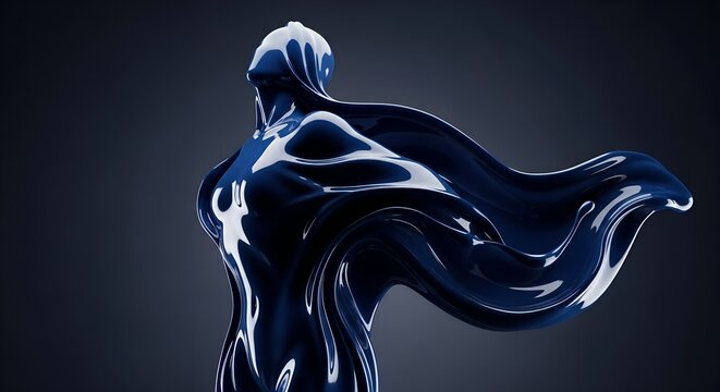 Abstract dark blue glossy sculpture with flowing fabriclike elements - Powered by Adobe