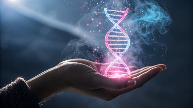 Person holding a glowing dna strand in their hand, representing the future of genetic engineering and personalized medicine with a modern design - Powered by Adobe