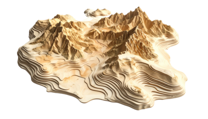 A 3D rendered map showing layered landforms, highlighting elevation