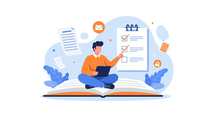 A Person Reviewing Checklist And Working On Tablet To Achieve Goals And Results