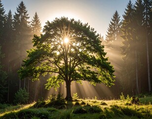 Sun shining through a majestic tree in a forest