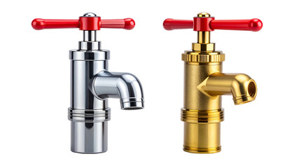 Shiny, chrome and brass faucets with red handles isolated against a black background