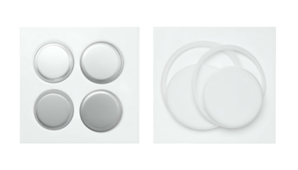 Two images show white components a 4-button arrangement and various circular discs and rings