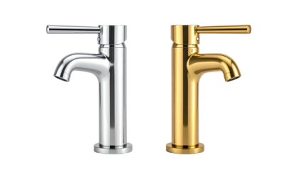 Two tall faucets with curved spouts, one silver, the other gold, against a black background