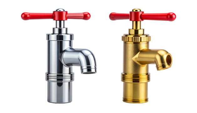 Shiny, chrome and brass faucets with red handles isolated against a black background