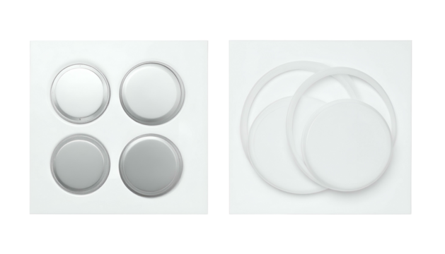 Two images show white components a 4-button arrangement and various circular discs and rings