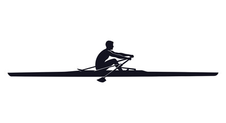 Silhouette of a single sculler rowing a sleek racing shell across a white background