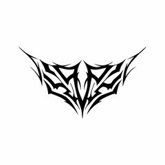 Abstract tribal tattoo design with sharp edges and flowing lines in black ink on a white background