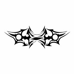 Abstract tribal tattoo design with sharp edges and circular elements in black ink on a white background