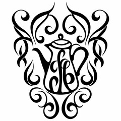 Elegant black ornamental design featuring a stylized teapot with swirling calligraphic elements and decorative flourishes on a white background