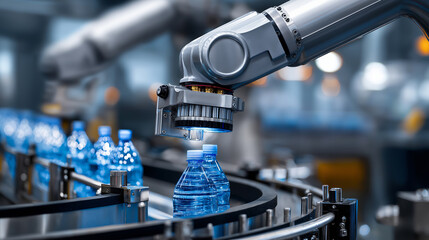 Advanced robotic arm handling water bottles on a high-speed automated production line in a modern beverage factory, symbolizing industrial automation and smart manufacturing.
