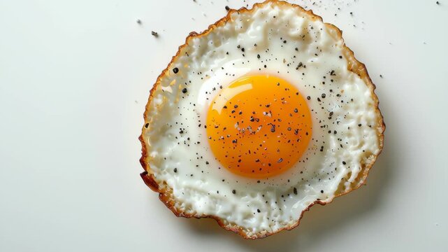 Fried egg with crispy edges and bright yellow yolk sprinkled with black pepper and fresh seasoning, cooked breakfast food showcasing textured egg white and vibrant yolk for delicious meal