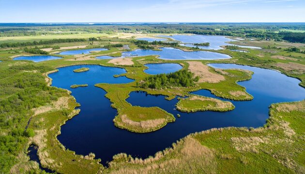 Aerial View of Oxbow Lakes Chain in Green Floodplain