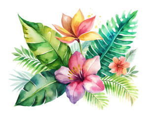 Bright Tropical Watercolor Floral Set with Leaves vector illustration