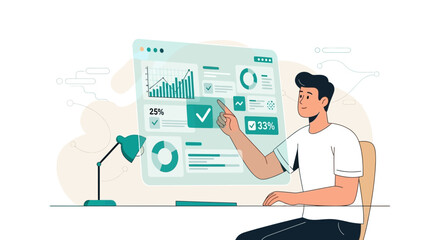 Analyst Demonstrating Data Analytics On Virtual Screen And Business Strategies
