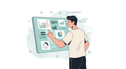 Analyst Examining Diagrams On Touchscreen, Analyzing Data With Digital Interface