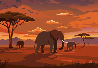 Majestic Elephants Roam African Savanna at Dramatic Sunset