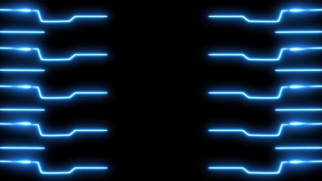 Abstract circuit board design with neon blue lines, highlighting symmetry, tech innovation, and digital systems. Symmetrical Neon Blue Lines Forming Abstract Circuit Board Pattern on Black Background.