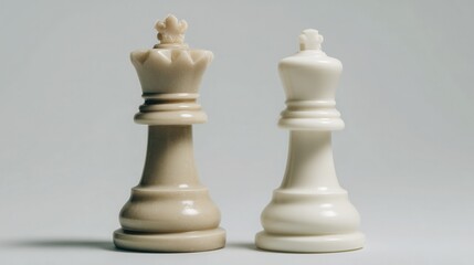 Chess Pieces Queen And King Against Gray Background, Strategic Game Concept Ideal For Wallpaper, Poster And Intellectual Branding